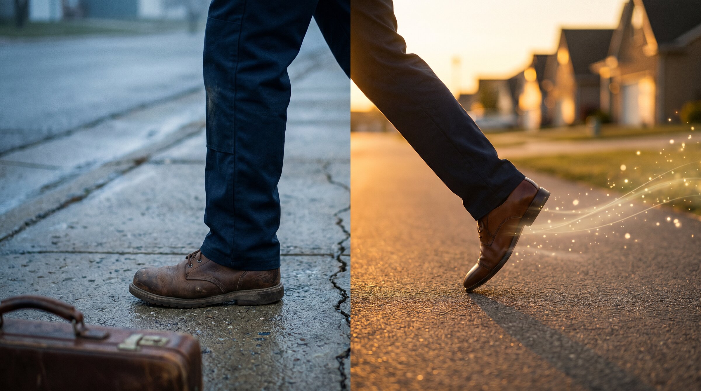 Diptych: left foot planted on cool grey pavement (active income, the grind) and right foot mid-stride lifting into golden light (passive income, the lift)