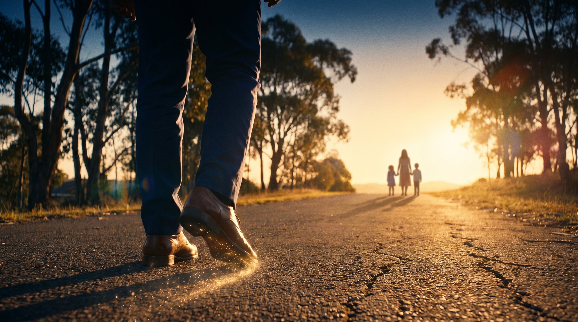 A man walking at sunrise toward the silhouettes of his family on the golden horizon, golden trail behind his right foot